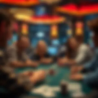 A group of friends enjoying a card game at a table in a lively casino atmosphere.