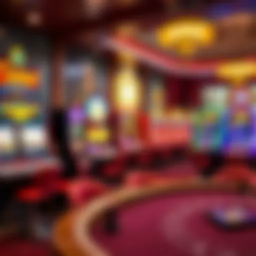An illustration of classic casino games showcasing colorful slot machines and poker tables.