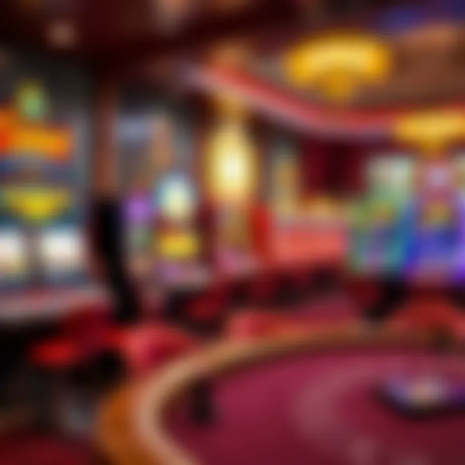 An illustration of classic casino games showcasing colorful slot machines and poker tables.